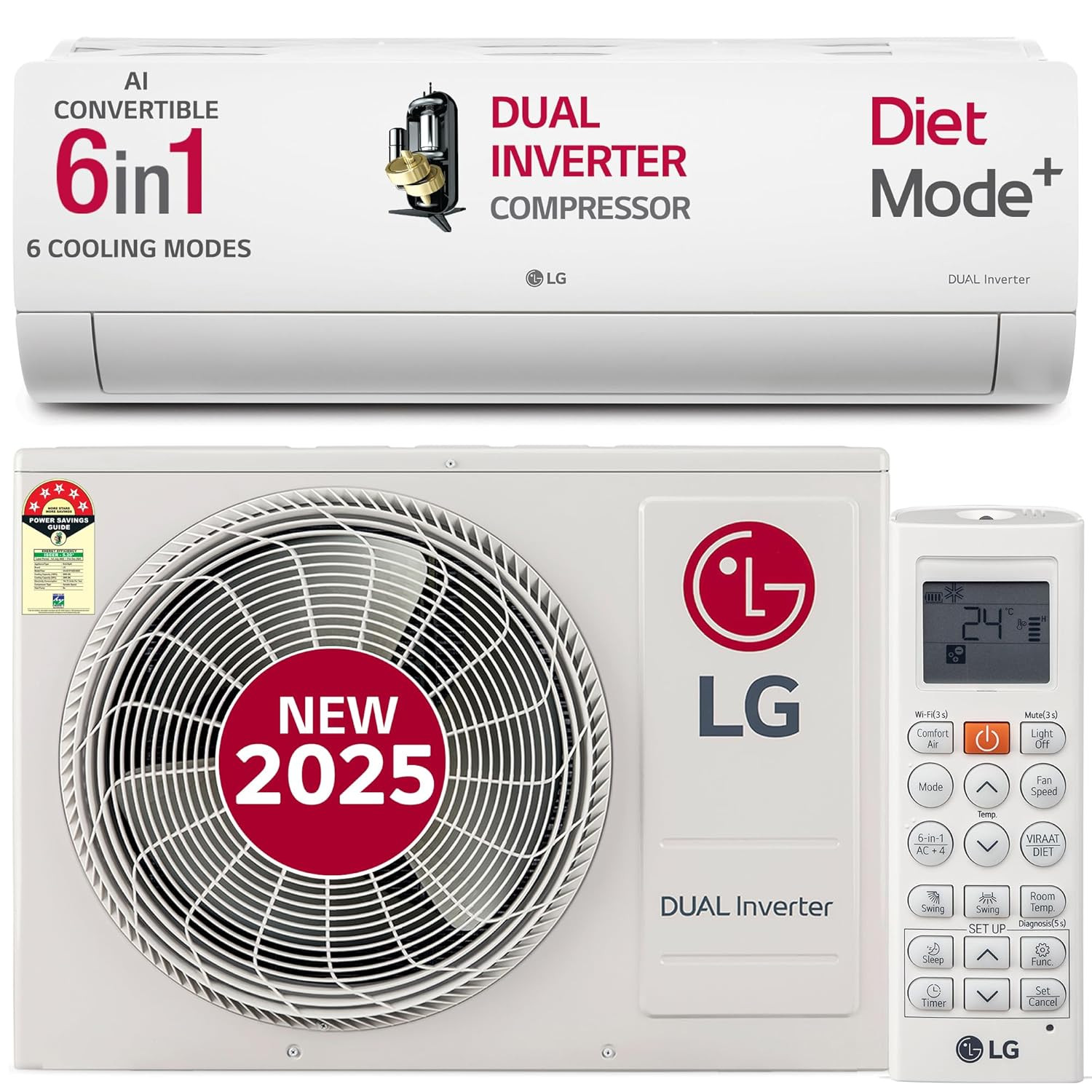 LG 15 Ton 5 Star DUAL Inverter Split AC Copper AI Convertible 6-in-1 VIRAAT Mode Faster Cooling  Energy Saving 4 Way Swing HD Filter with Anti-Virus Protection US-Q19YNZE White