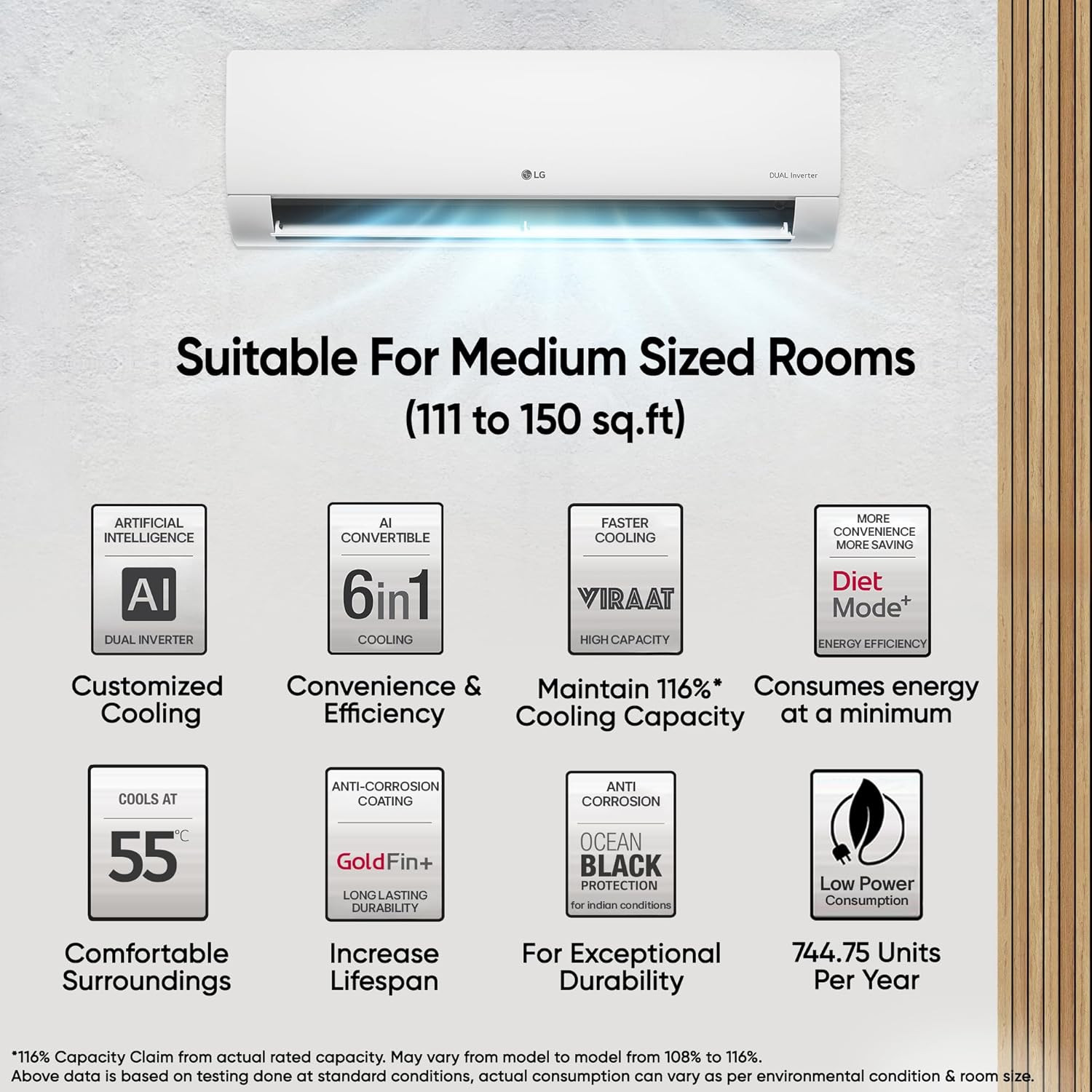 LG 15 Ton 5 Star DUAL Inverter Split AC Copper AI Convertible 6-in-1 VIRAAT Mode Faster Cooling  Energy Saving 4 Way Swing HD Filter with Anti-Virus Protection US-Q19YNZE White