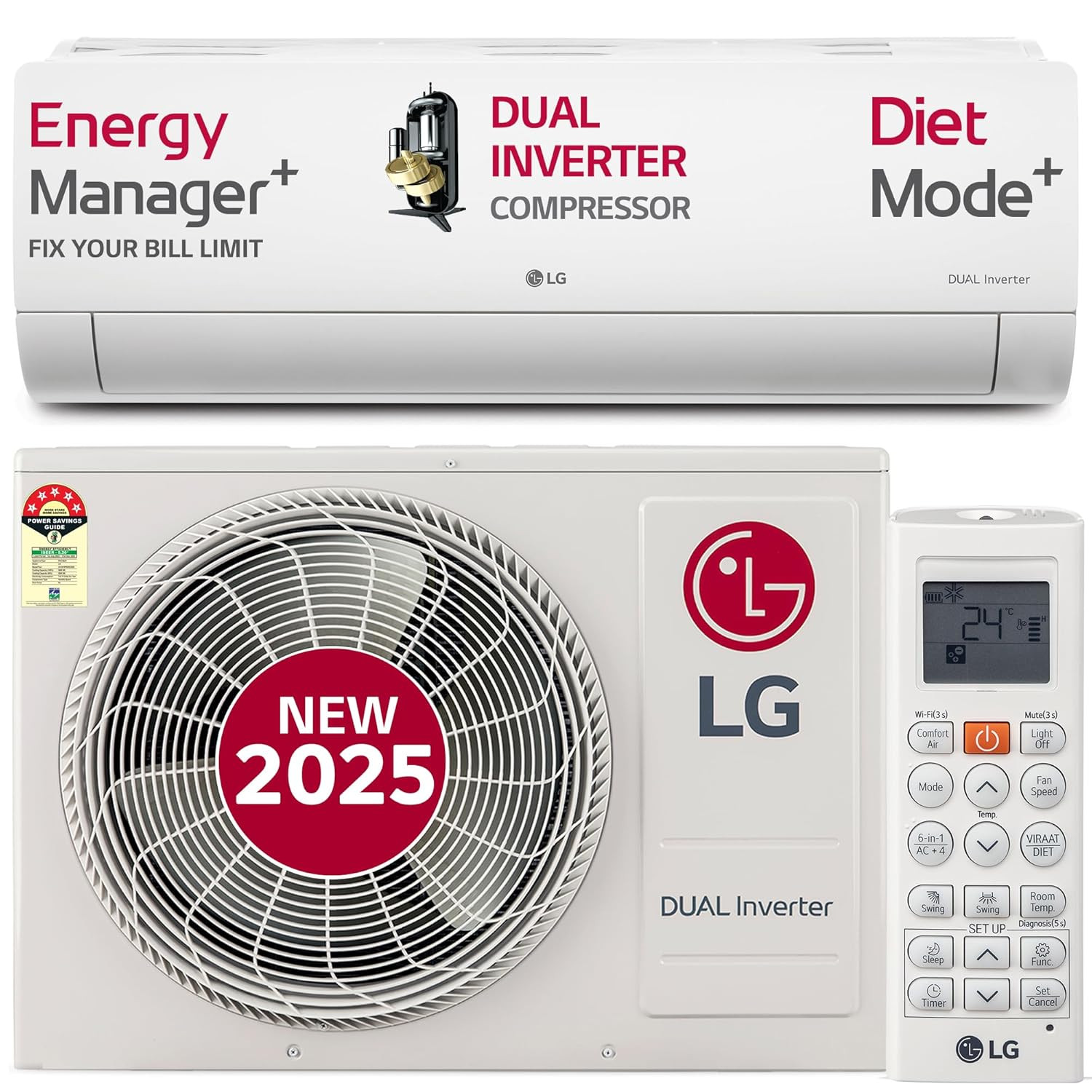 LG 15 Ton 5 Star Wi-Fi DUAL Inverter Split AC Copper AI Convertible 6-in-1 Faster Cooling  Energy Saving 4 Way Swing HD Filter with Anti-Virus Protection US-Q19PWZE White