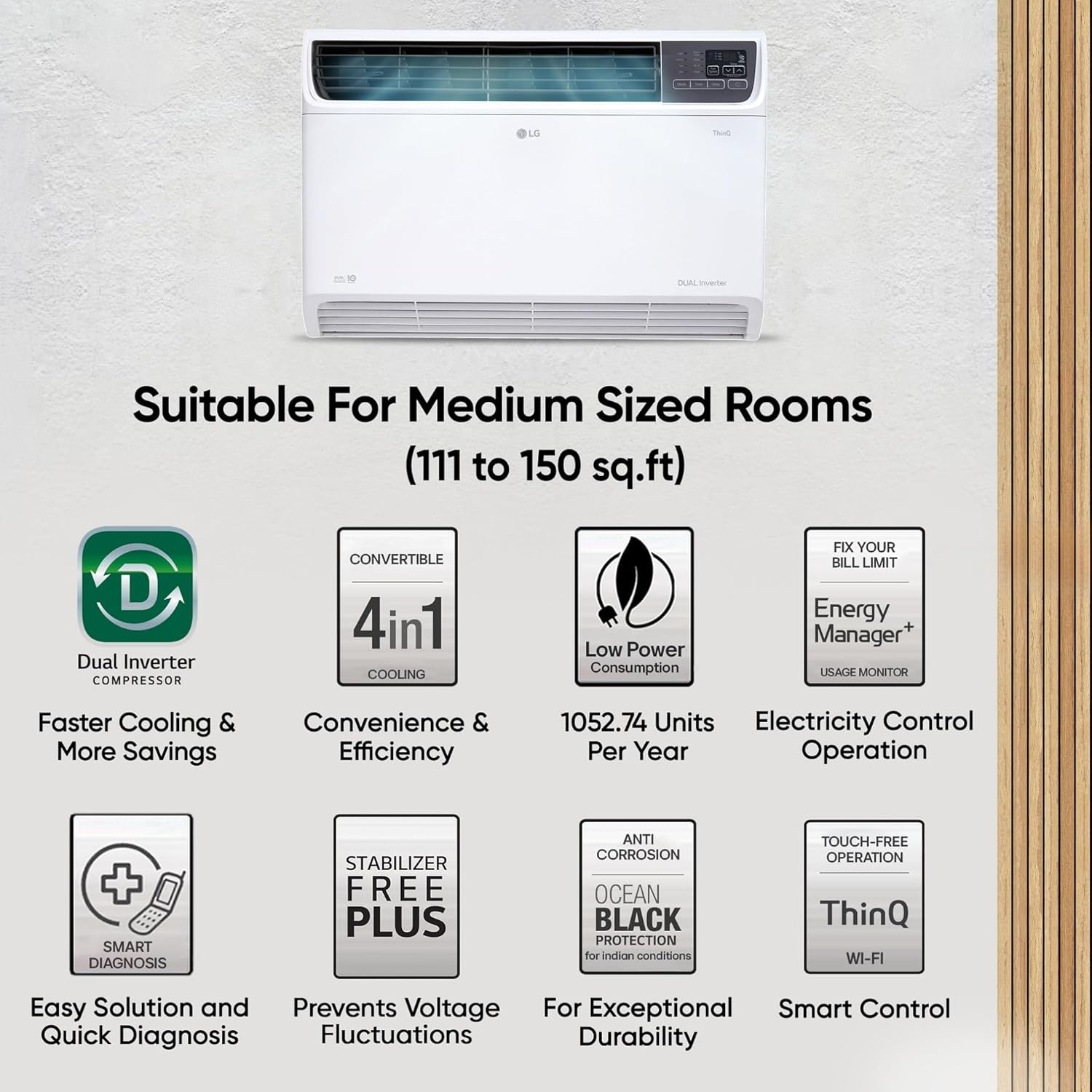 LG 15 Ton 5 Star Wi-Fi DUAL Inverter Window AC Copper Convertible 4-in-1 cooling 4 Way Air Swing HD Filter UW-Q18WWZA White