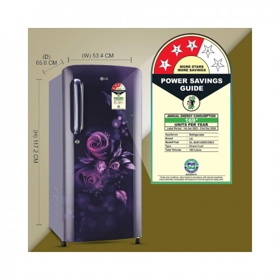 LG 185 L 3 Star Direct-Cool Single Door Refrigerator (GL-B201ABED, ‎Blue Euphoria, Moist 'N' Fresh)