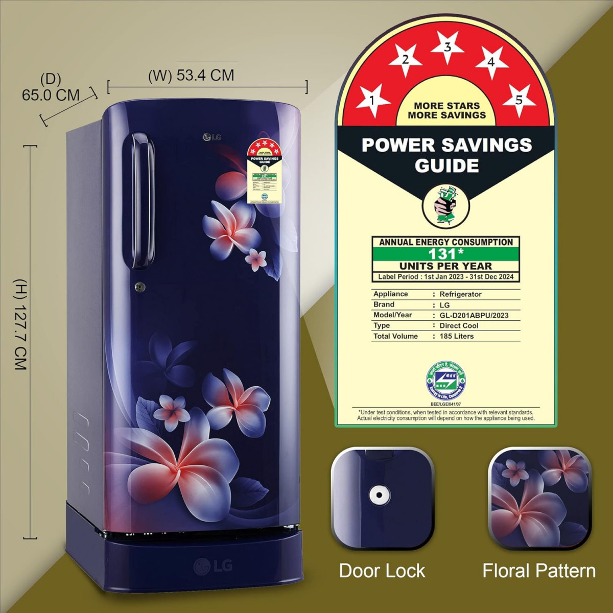 LG 185 L 5 Star Inverter Direct-Cool Single Door Refrigerator GL-D201ABPU Blue Plumeria Fast Ice Making Base stand with drawer