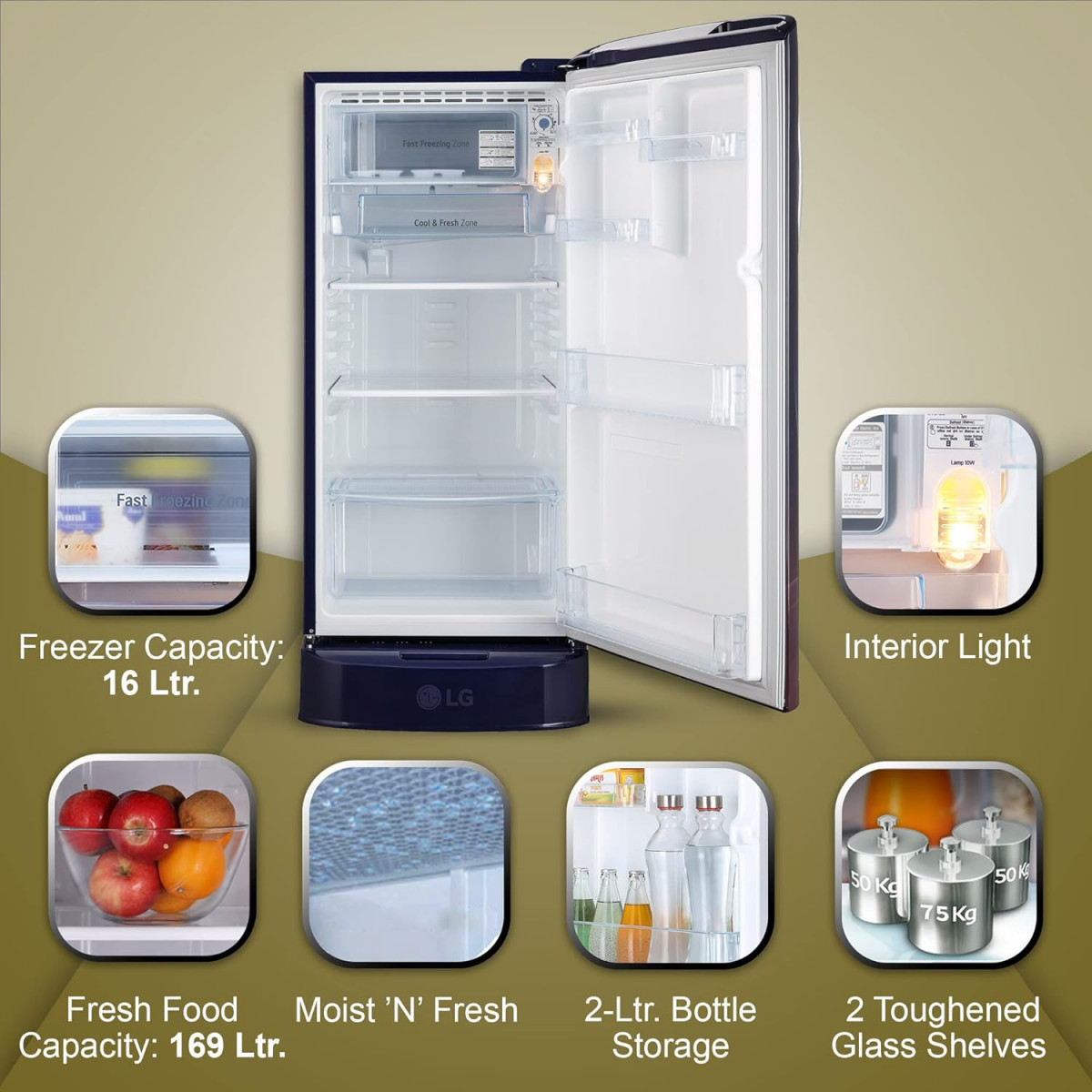 LG 185 L 5 Star Inverter Direct-Cool Single Door Refrigerator GL-D201ABPU Blue Plumeria Fast Ice Making Base stand with drawer