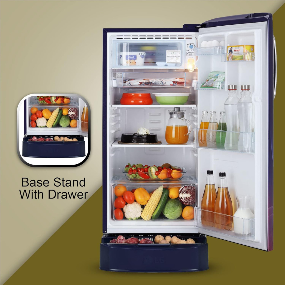 LG 185 L 5 Star Inverter Direct-Cool Single Door Refrigerator GL-D201ABPU Blue Plumeria Fast Ice Making Base stand with drawer