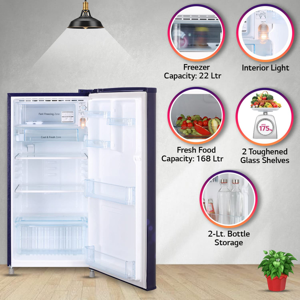 LG 190 L 2 Star Direct-Cool Single Door Refrigerator GL-B199OBEC Blue Euphoria Fast Ice Making 2022 Model
