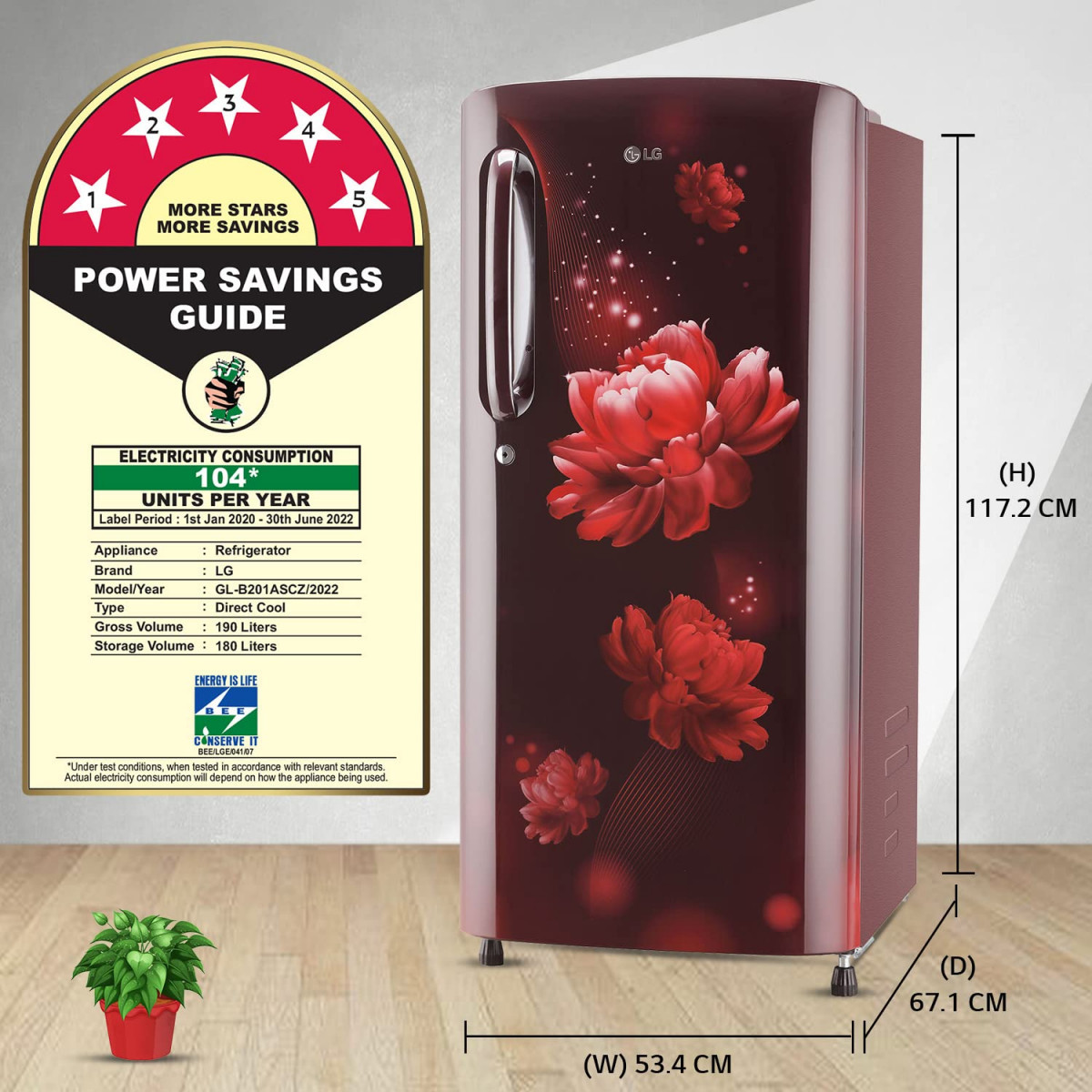 LG 190L 5 Star Smart Inverter Direct-Cool Single Door Refrigerator GL-B201ASCZ Scarlet Charm Fastest Ice Making 2022 Model