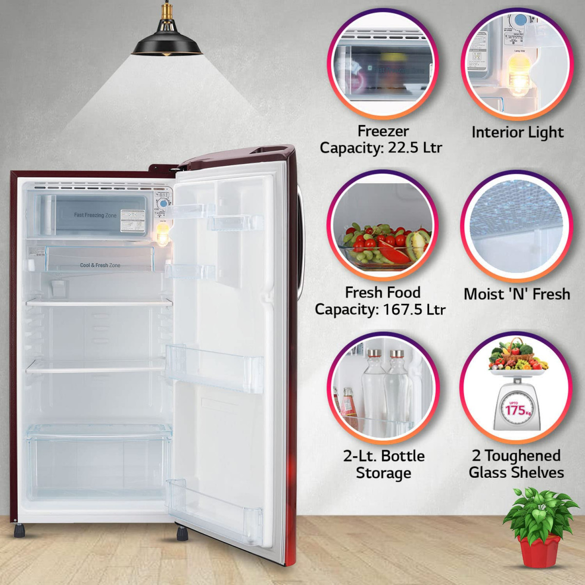 LG 190L 5 Star Smart Inverter Direct-Cool Single Door Refrigerator GL-B201ASCZ Scarlet Charm Fastest Ice Making 2022 Model