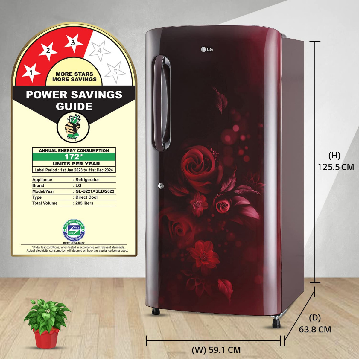 LG 215 L 3 Star Direct-Cool Single Door Refrigerator GL-B221ASED Scarlet Euphoria Moist 039N039 Fresh 2022 Model