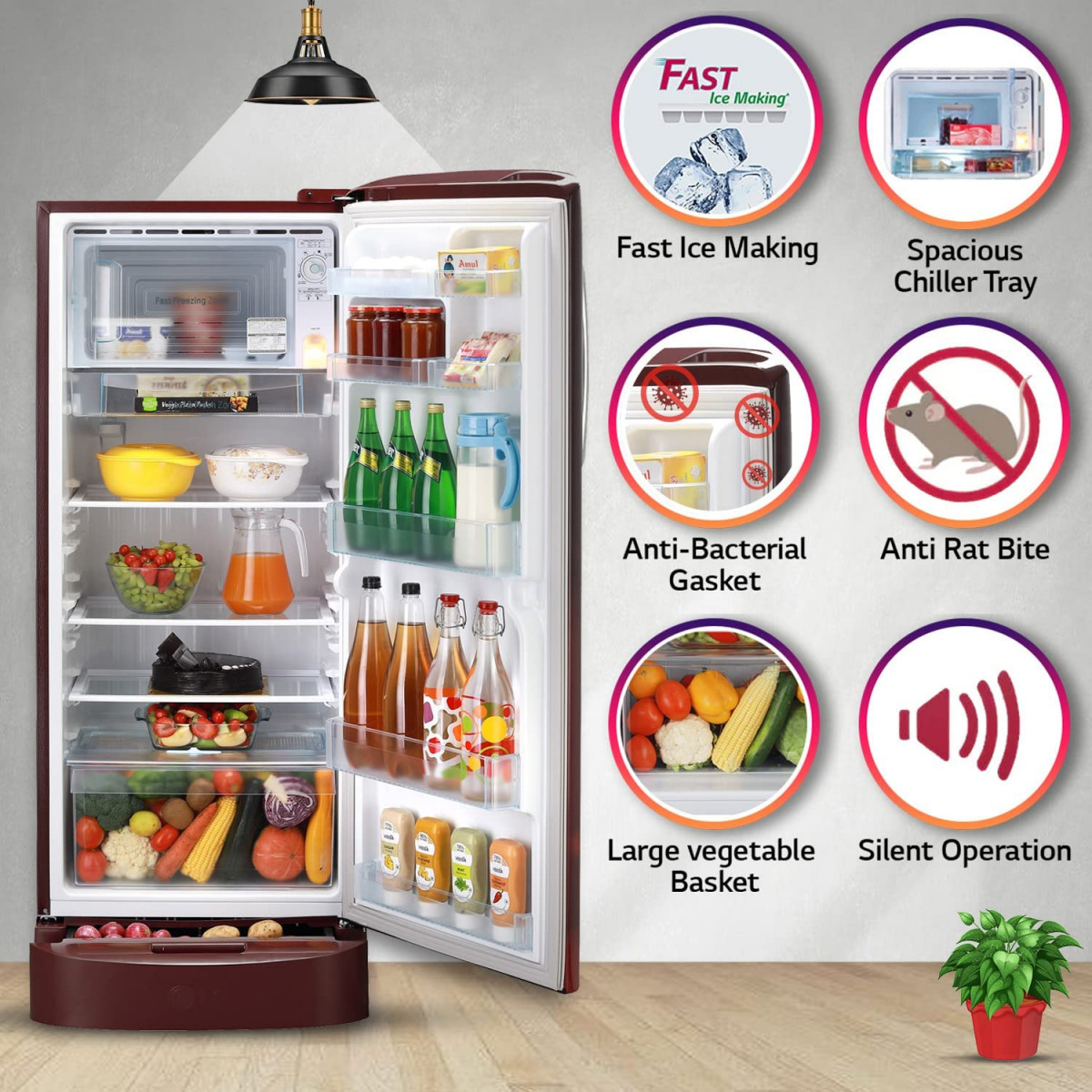 LG 224 L 4 Direct-Cool Smart Inverter Compressor Single-Door Refrigerator GL-D241ASCY Scarlet Charm Base stand with Drawer 2023 Model