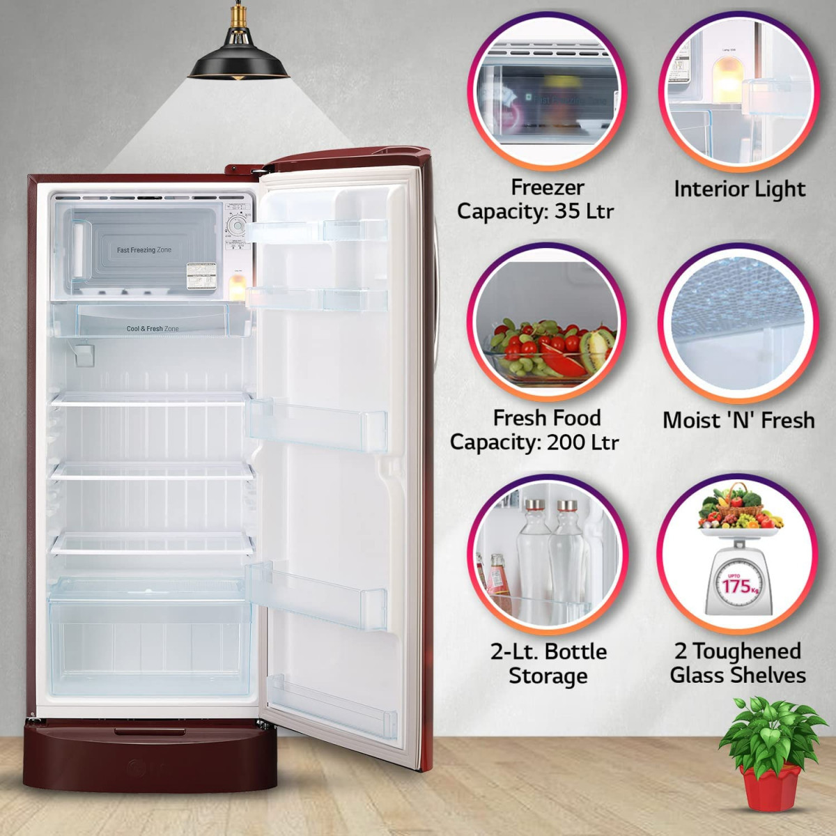 LG 224 L 4 Direct-Cool Smart Inverter Compressor Single-Door Refrigerator GL-D241ASCY Scarlet Charm Base stand with Drawer 2023 Model