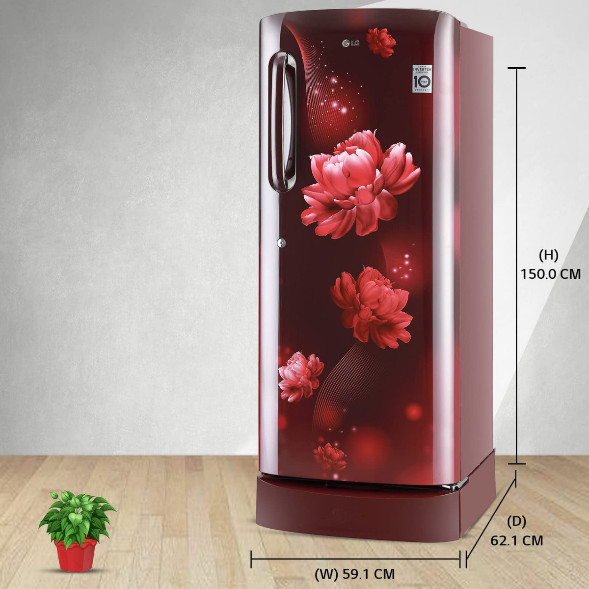 LG 224 L 4 Direct-Cool Smart Inverter Compressor Single-Door Refrigerator GL-D241ASCY Scarlet Charm Base stand with Drawer 2023 Model