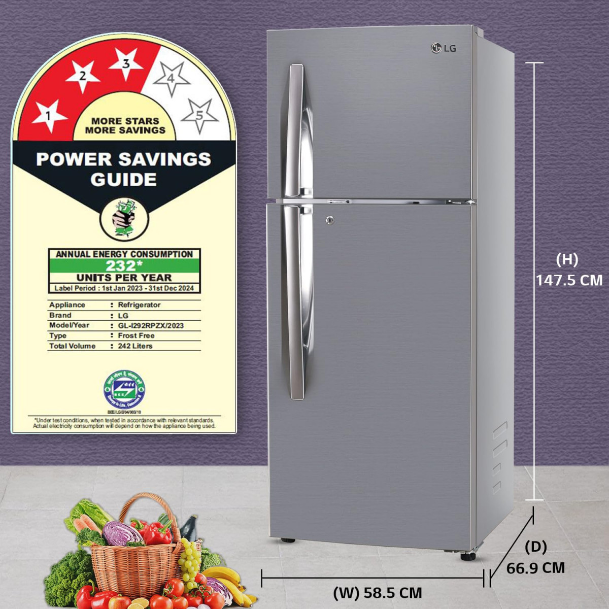 LG 242 L 3 Star Smart Inverter Frost-Free Double Door Refrigerator GL-I292RPZX Shiny Steel Door Cooling