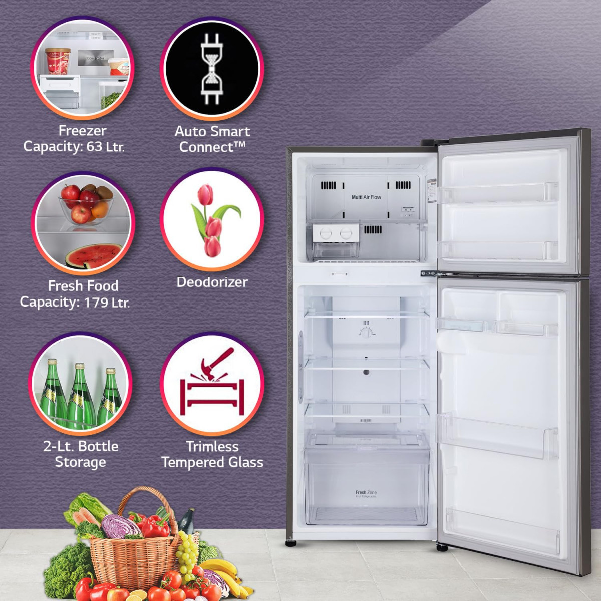 LG 242 L 3 Star Smart Inverter Frost-Free Double Door Refrigerator GL-I292RPZX Shiny Steel Door Cooling