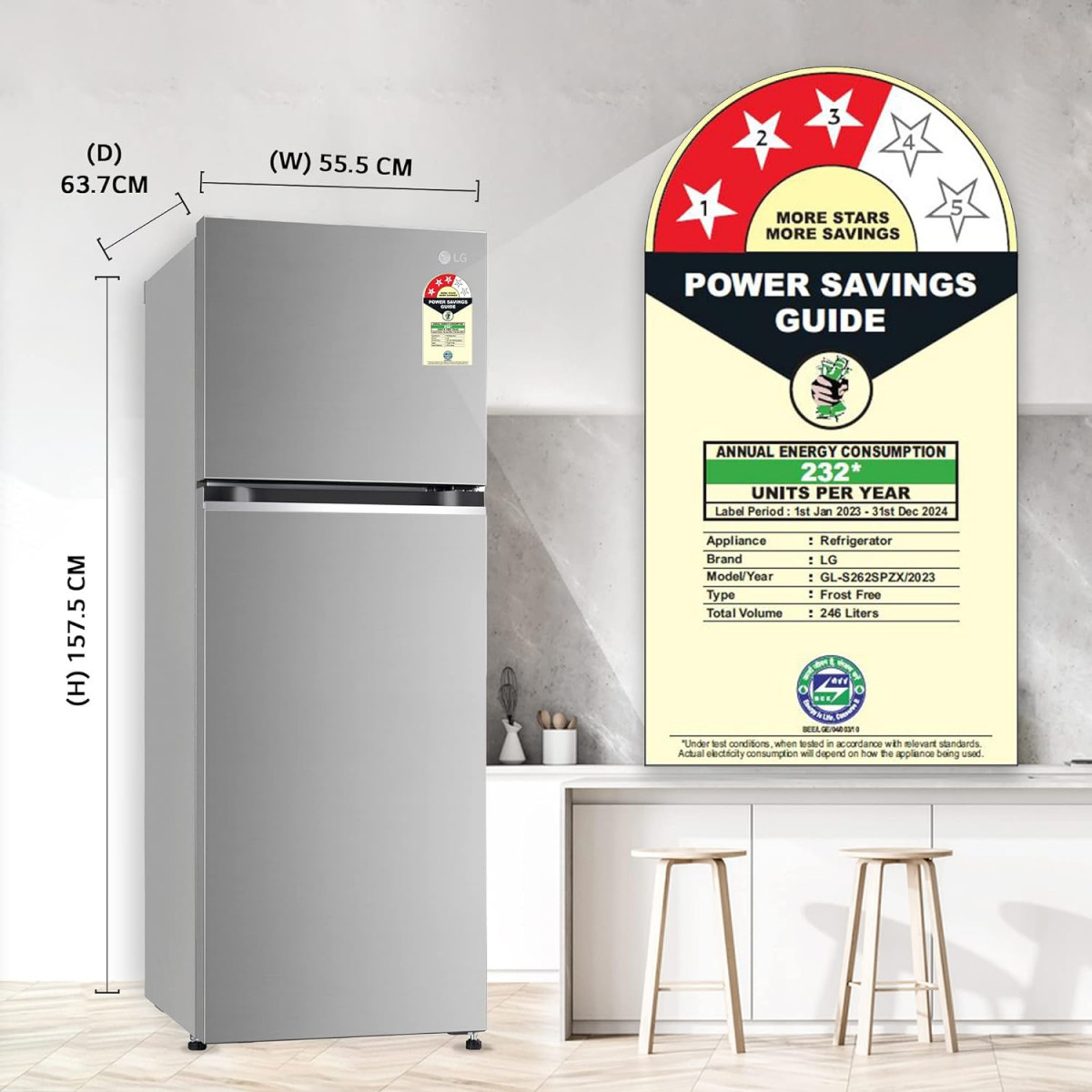 LG 246 L 3 Frost-Free Smart Inverter Compressor Double Door Refrigerator 2023 Model GL-S262SPZX Shiny Steel Convertible  Multi Air Flow Cooling