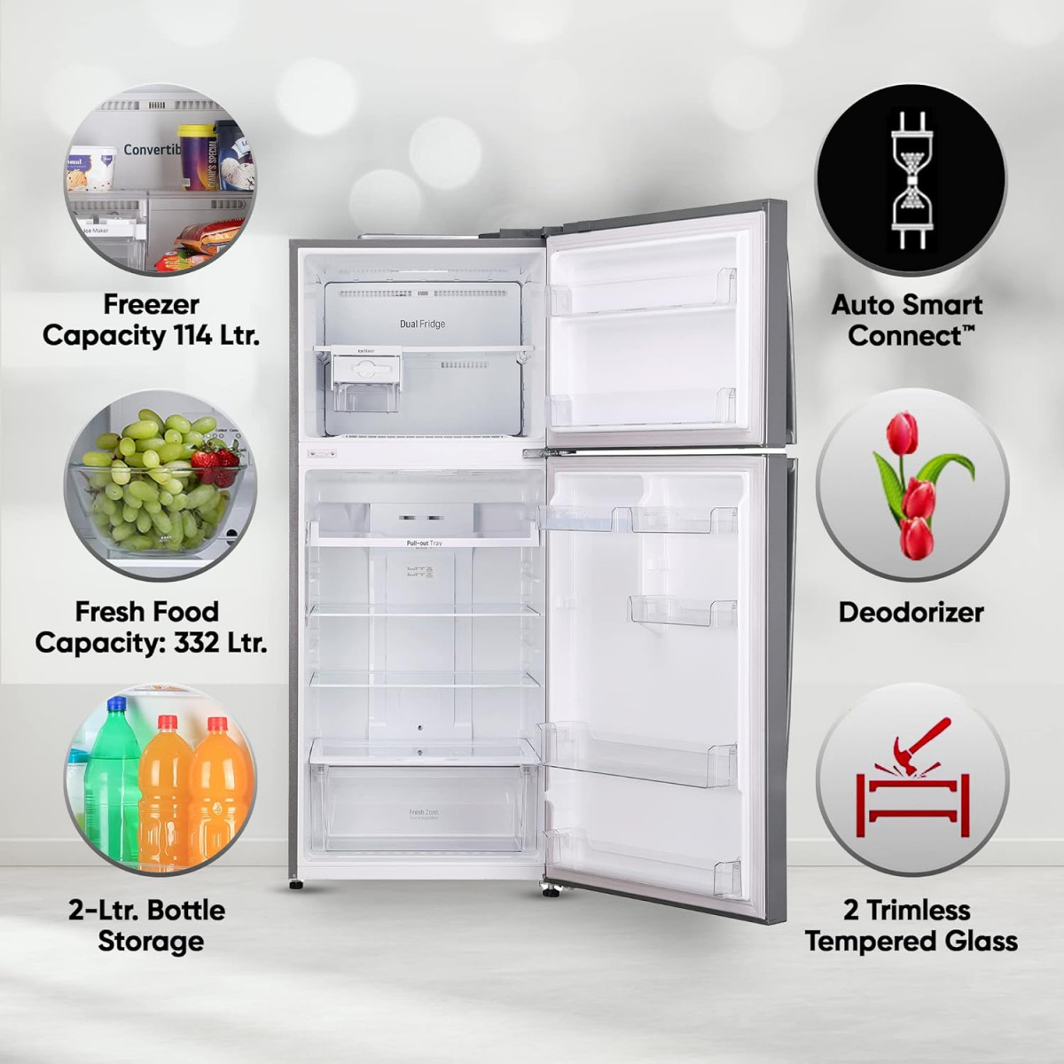 LG 446 L 1 Star Frost-Free Smart Inverter Double Door Refrigerator GL-T502APZR Shiny Steel Convertible  Door Cooling