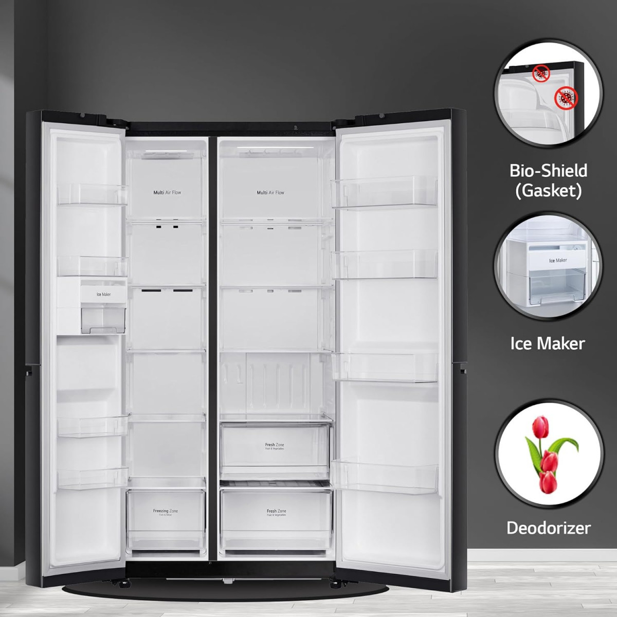 LG 655 L Frost Free Inverter Side by Side Refrigerator 2023 Model GL-B257HWBY Western Black Express Freezing  Multi Air-Flow
