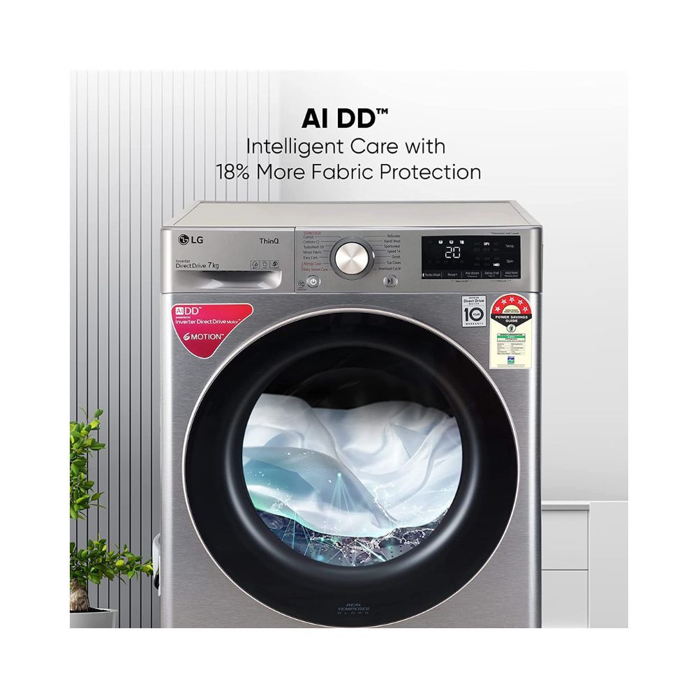 LG 7 Kg 5 Star Inverter Wi-Fi Fully-Automatic Front Load Washing Machine with Inbuilt Heater (FHV1207ZWP, Platinum Silver, AI DD Technology & Steam for Hygiene)
