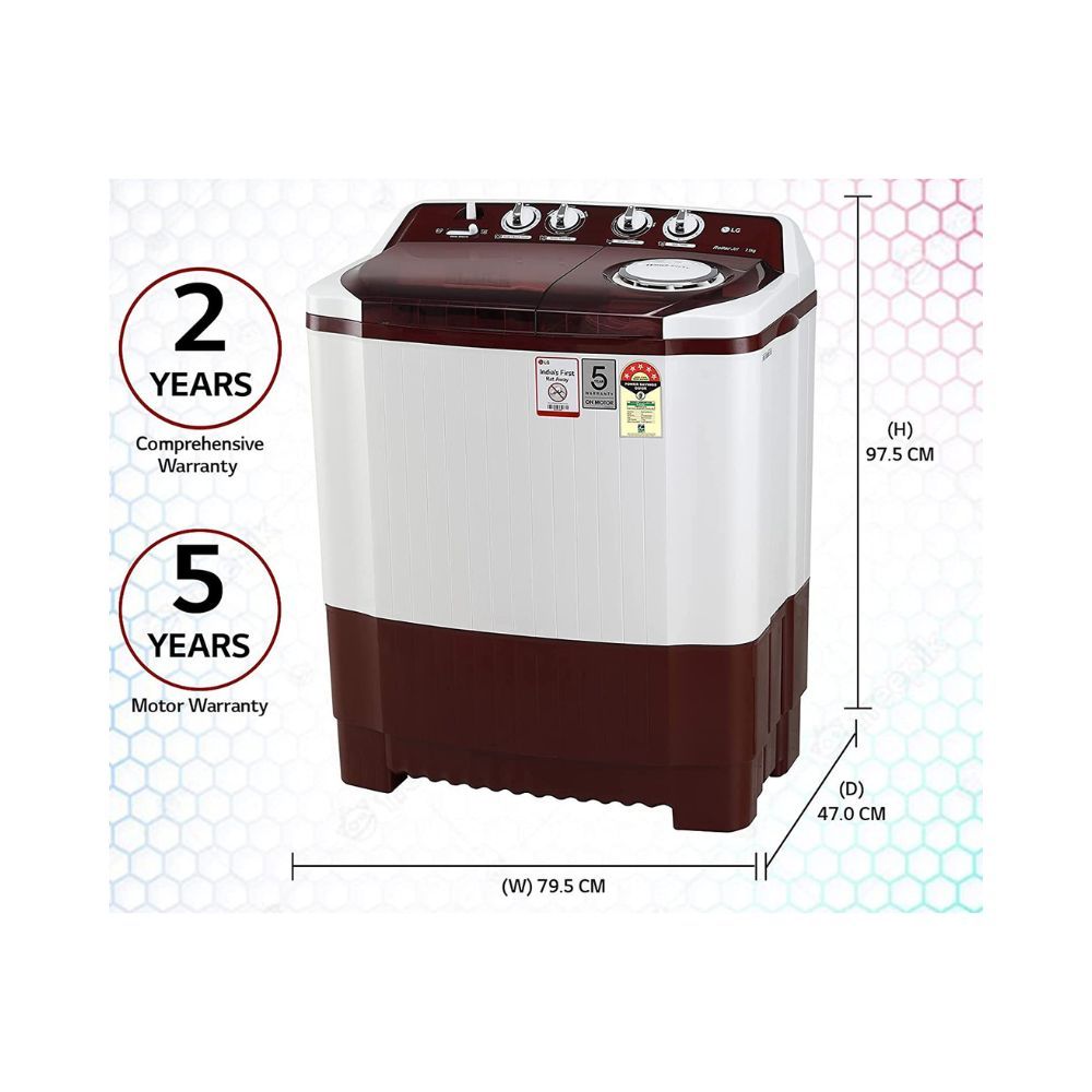 LG 7.5 Kg 5 Star Semi-Automatic Top Loading Washing Machine (P7515SRAZ, Burgundy, Roller Jet Pulsator), Large