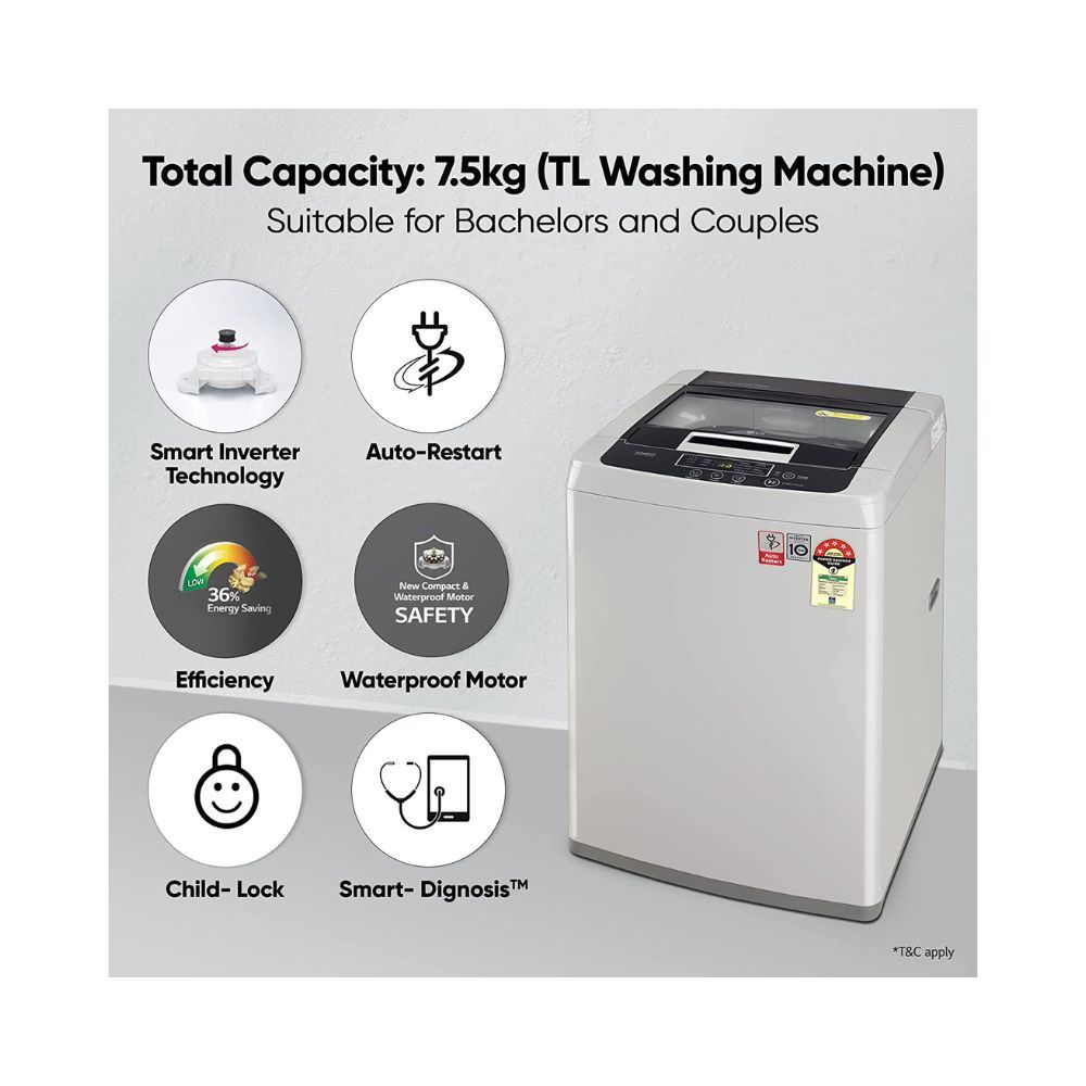 LG 7.5 Kg 5 Star Smart Inverter Fully-Automatic Top Load Washing Machine (T75SKSF1Z, Middle Free Silver, TurboDrum | Smart Motion)