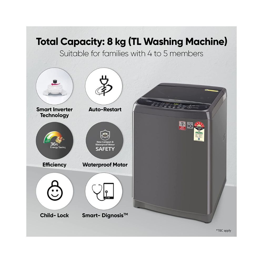 LG 8 Kg 5 Star Inverter Fully-Automatic Top Loading Washing Machine (T80SJMB1Z, Middle Black, Jet Spray+)