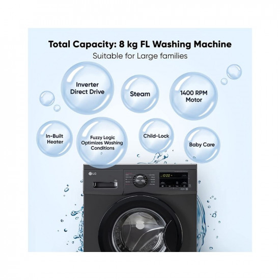 LG 8 Kg 5 Star Inverter Touch panel Fully-Automatic Front Load Washing Machine with In-Built Heater (FHM1408BDM, Middle Black, Steam for Hygiene Wash)
