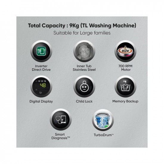 LG 9 Kg 5 Star Inverter Fully-Automatic Top Load Washing Machine THD09NPF Middle Free Silver AIDD Technology
