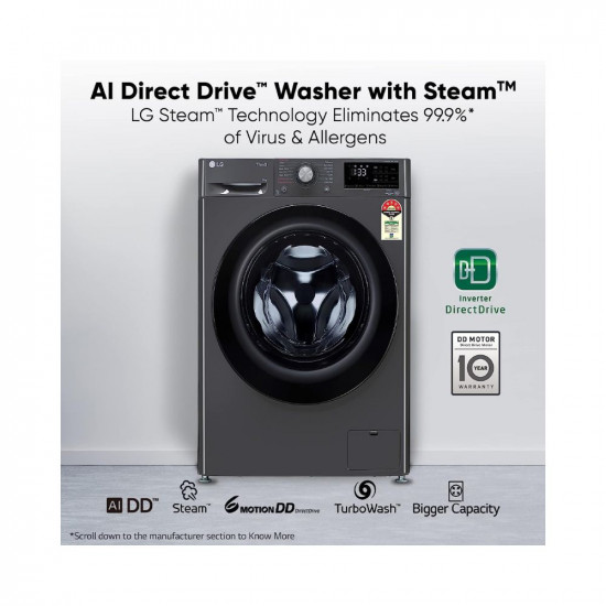 LG 9 Kg 5 Star Wi-Fi Inverter AI Direct Drive Fully-Automatic Front Load Washing Machine with In-Built Heater (FHP1209Z5M, 6 Motion DD & Steam for Hygiene Wash, Middle Black)