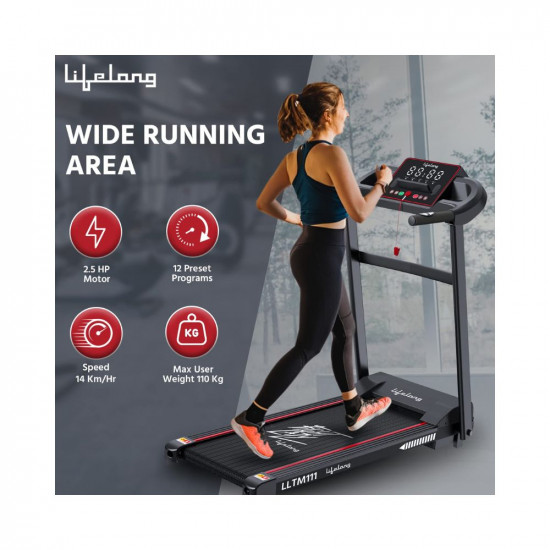 Lifelong FitPro LLTM111 (2.5 HP Peak) Motorized Treadmill for Home with 12 preset Workouts, Max Speed 14km/hr., Bluetooth Speaker (Free Home Installation) Max. User Weight 110kg, 1 Year Manufacturer's Warranty