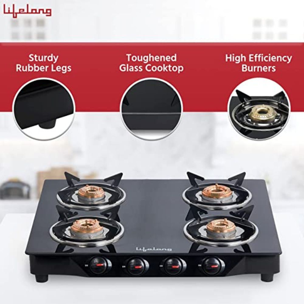 Lifelong LLGS30 Manual Ignition High Efficiency 4 Burner Gas Stove with Toughened Glass Top, ISI Certified, For LPG Use (1 Year Warranty, Doorstep Service, Black)