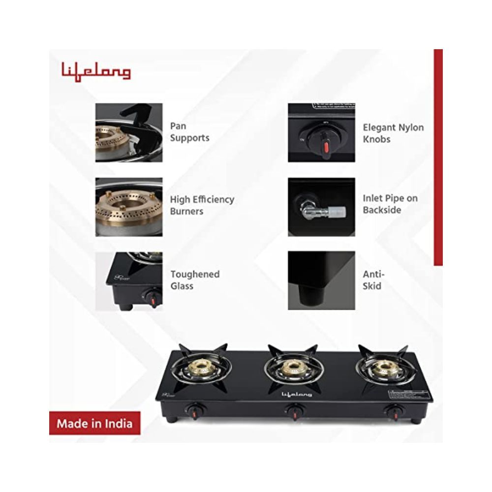 Lifelong LLGS303 Auto Ignition, High Efficiency 3 Burner Gas Stove with Toughened Glass Top, ISI Certified, Automatic Ignition, For LPG Use Only (1 Year Warranty, Doorstep Service, Black)