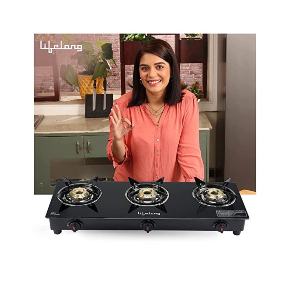 Lifelong LLGS303 Auto Ignition, High Efficiency 3 Burner Gas Stove with Toughened Glass Top, ISI Certified, Automatic Ignition, For LPG Use Only (1 Year Warranty, Doorstep Service, Black)