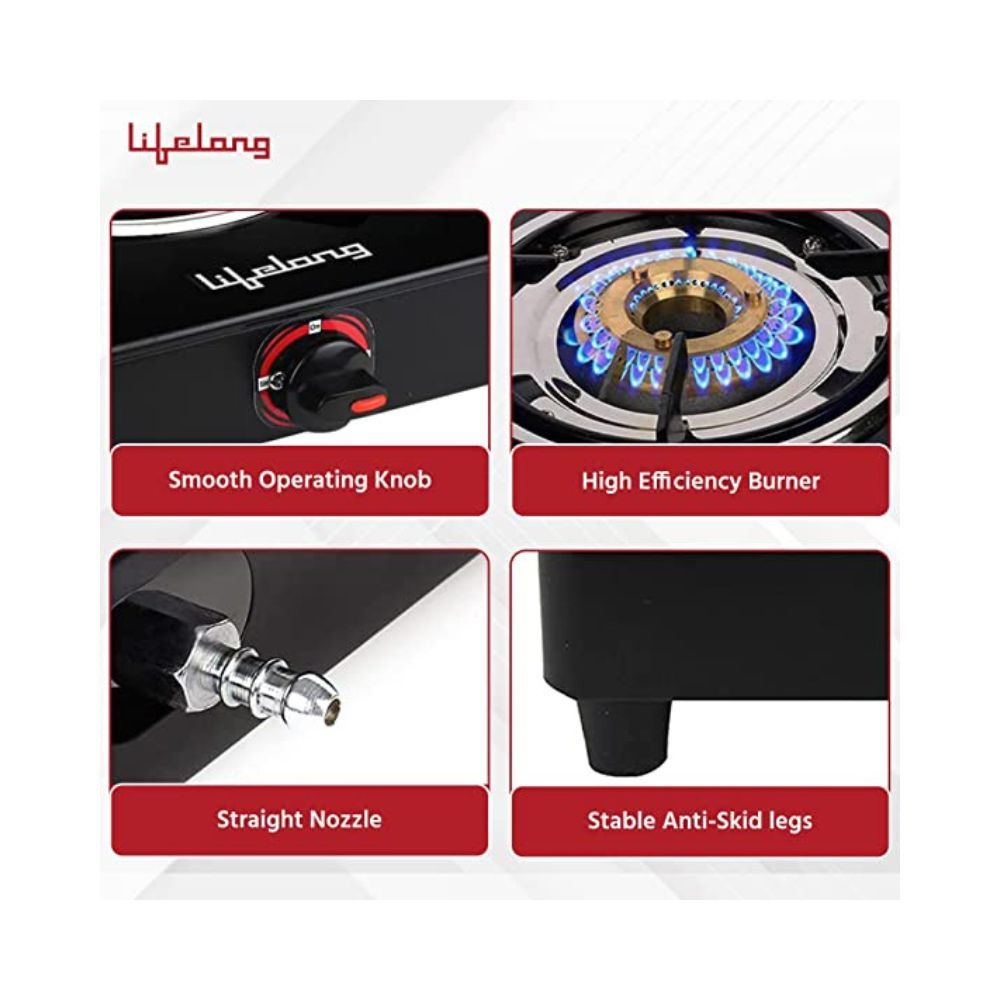 Lifelong LLGS902 Automatic Ignition Single Burner Gas Stove with 6mm Toughened Glass Top (Doorstep Service, 1 Year Warranty, Black)