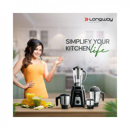 Longway Kratos 1000 Watt Juicer Mixer Grinder with 4 Jars for Grinding Mixing Juicing with Powerful Motor  1 Year Warranty  Black 4 Jars