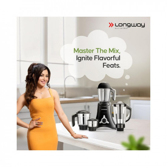 Longway Orion 900 Watt Juicer Mixer Grinder with 4 Jars for Grinding Mixing Juicing with Powerful Motor  1 Year Warranty  Black 4 Jars