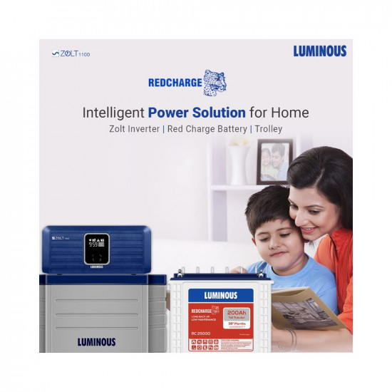 Luminous Inverter & Battery Combo with Trolley (Zolt 1100 Pure Sine Wave 900VA/12V Inverter, Red Charge RC 25000 Tall Tubular 200Ah Battery withTrolley) for Home, Office & Shops