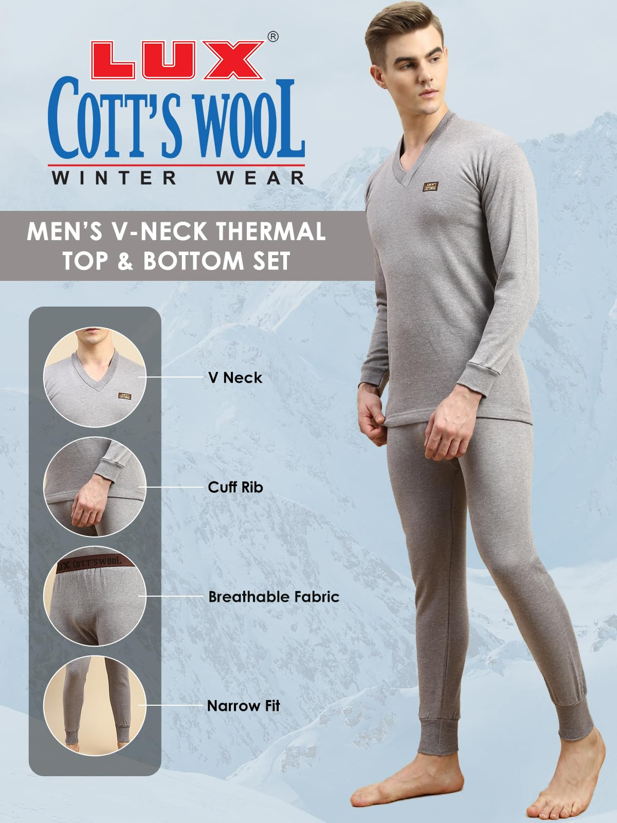 Lux Cott's Wool Men's Light Brown V Neck Full Sleeves Cotton Thermal Top  and Bottom Set