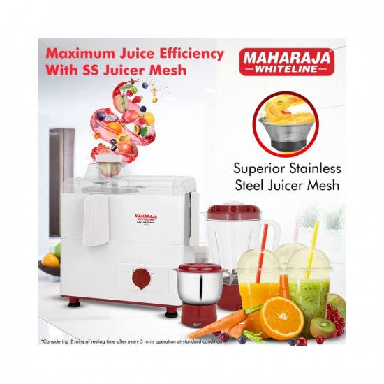 Maharaja Whiteline Gala Happiness Juicer Mixer Grinder with 2 Jars  Long Lasting Performance with 450 Watts Food Grade Safe  High Grade Mesh for Efficient Juicing  2 Year Warranty White
