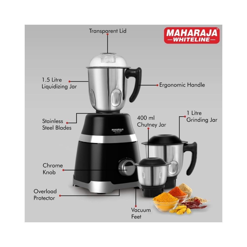Maharaja Whiteline MX-220 1000 W Ultramax HD 3 Stainless Steel Jar Mixer Grinder Black