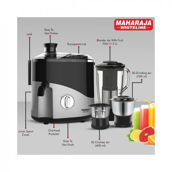 Maharaja Whiteline Odacio Plus 550-Watt Juicer Mixer Grinder with 3 Jars BlackSilver