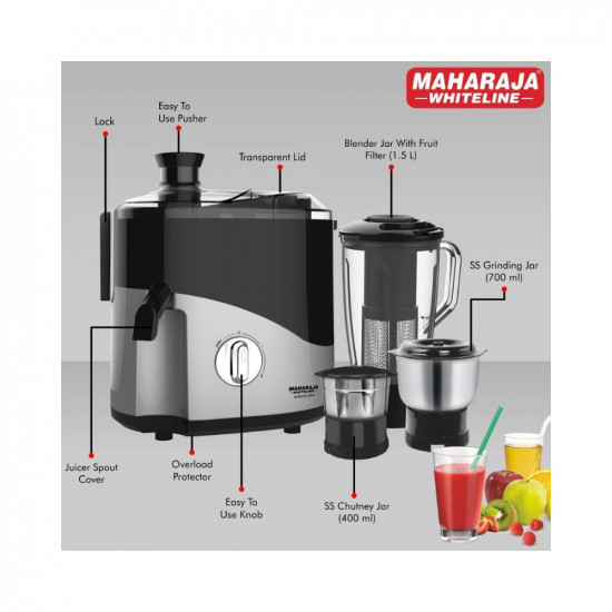 Maharaja Whiteline Odacio Plus 550 Watts Juicer Mixer Grinder With 3 Jars BlackSilver Small Jx1-157-Cr