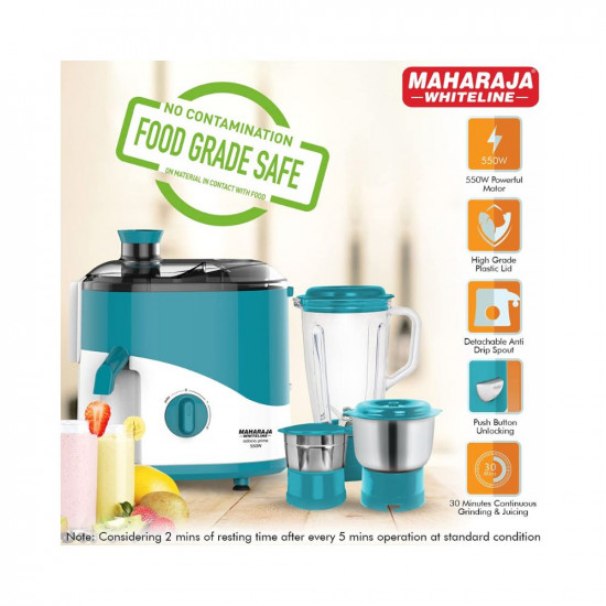 Maharaja Whiteline Odacio Prime Juicer Mixer Grinder 550 Watt 3 Jars Blue  White Superior Stainless Steel Mesh High Grade Plastic Lid for more durability