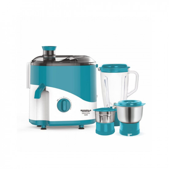 Maharaja Whiteline Odacio Prime Juicer Mixer Grinder 550 Watt 3 Jars Blue  White Superior Stainless Steel Mesh High Grade Plastic Lid for more durability