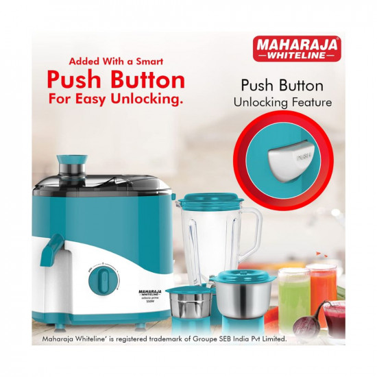 Maharaja Whiteline Odacio Prime Juicer Mixer Grinder 550 Watt 3 Jars Blue  White Superior Stainless Steel Mesh High Grade Plastic Lid for more durability