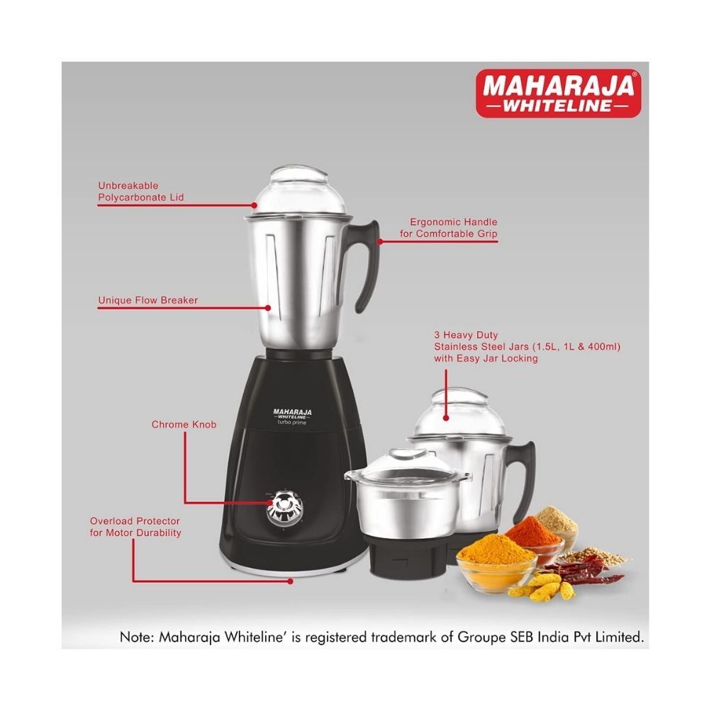 Maharaja Whiteline Turbo Prime Elite 750W Elite Mixer Grinder Black