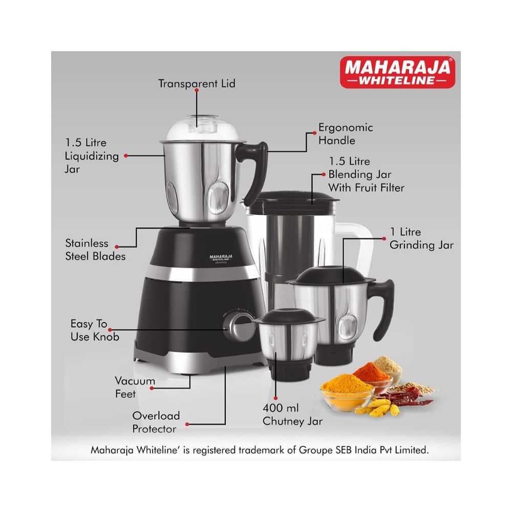 Maharaja Whiteline Ultramax Elite Mixer Grinder 750W 4 Jars Black Standard MX-211