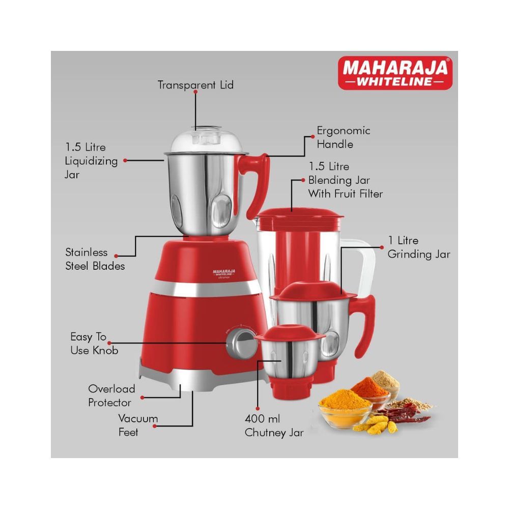 Maharaja Whiteline Ultramax Elite Mixer Grinder with 4 Jars 750 W - MX-211Red