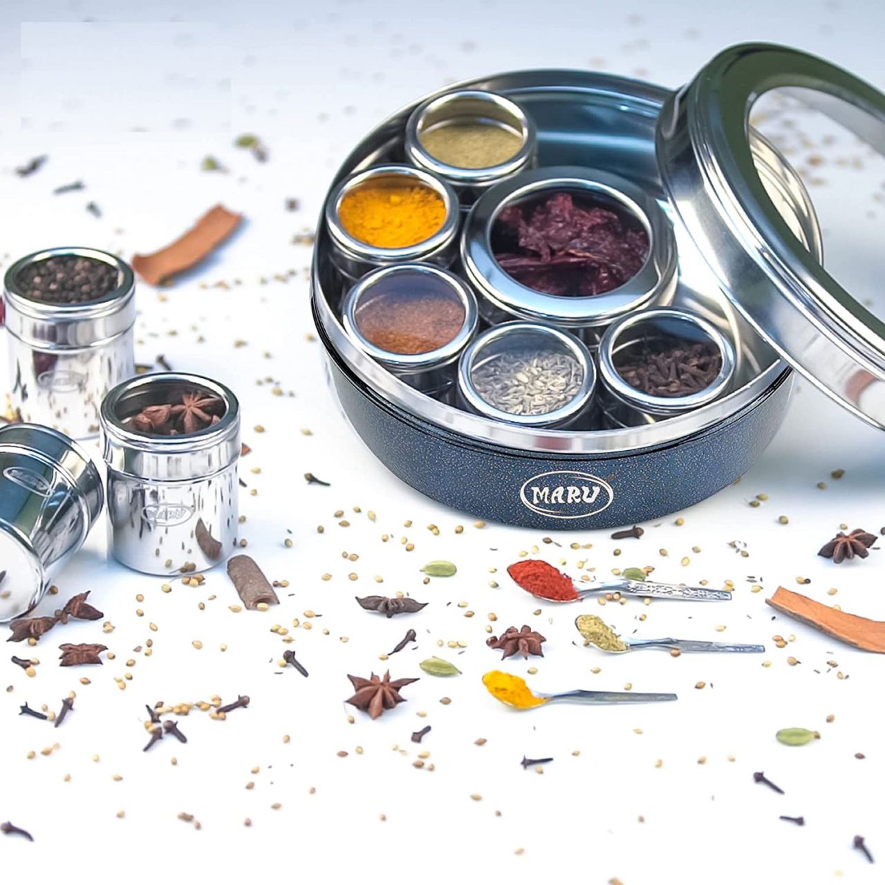 MARU Colored 9 In 1 Spice Box Stainless Steel Extra Large, Masala Dabba Steel Masala Box (Size 13 Large 22.5Cms)Dark Blue