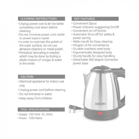 Milton Euroline Go Electro 12 Stainless Steel Electric Kettle 1 Piece 12 Litres Silver  Power Indicator  1500 Watts  Auto Cut-off  Detachable 360 Degree Connector  Boiler for Water