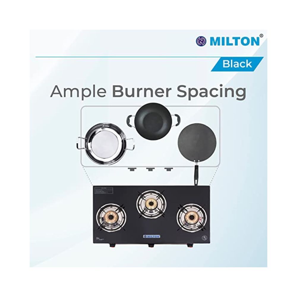 MILTON Premium 3 Burner Black Manual Ignition LPG Glass Top Gas Stove