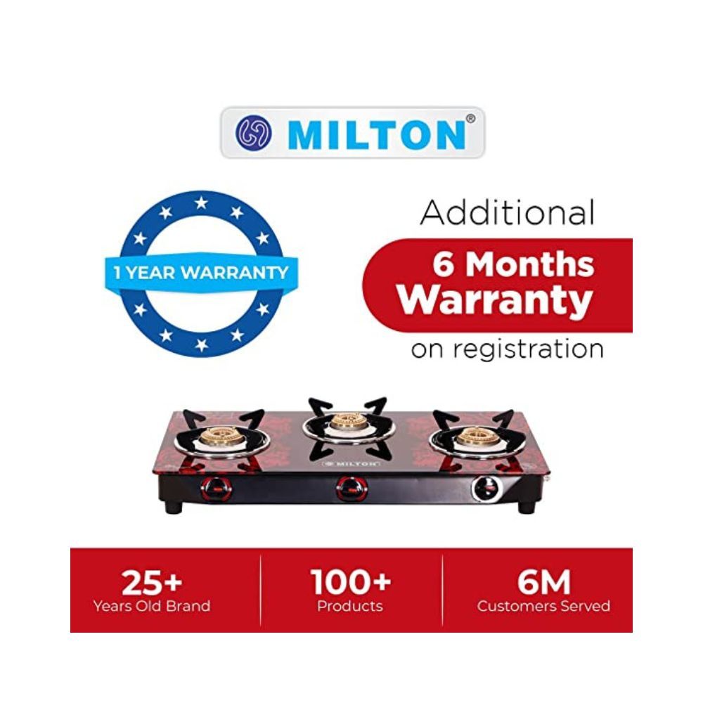 MILTON Premium 3 Burner Red Manual Ignition LPG Glass Top Gas Stove, (ISI Certified)